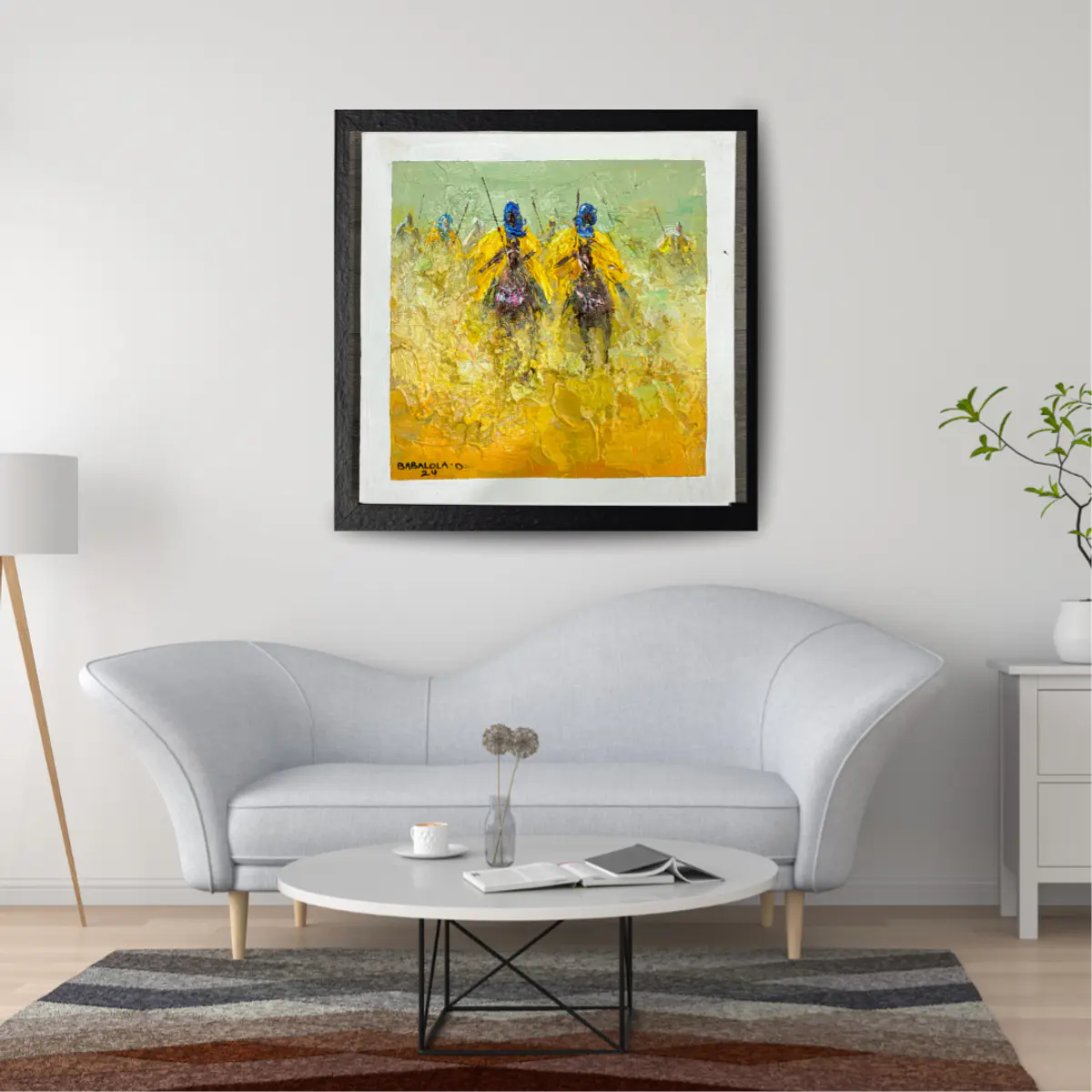 Close-up of an original handmade oil painting showing ceremonial horsemen in vivid golden-yellow robes and cobalt blue headwraps, riding against a textured sage green and amber background. The impasto surface reveals thick, expressive palette-knife strokes applied by hand by African artisan Babalola D. Color: Golden Yellow, Cobalt Blue, Sage Green, Amber
