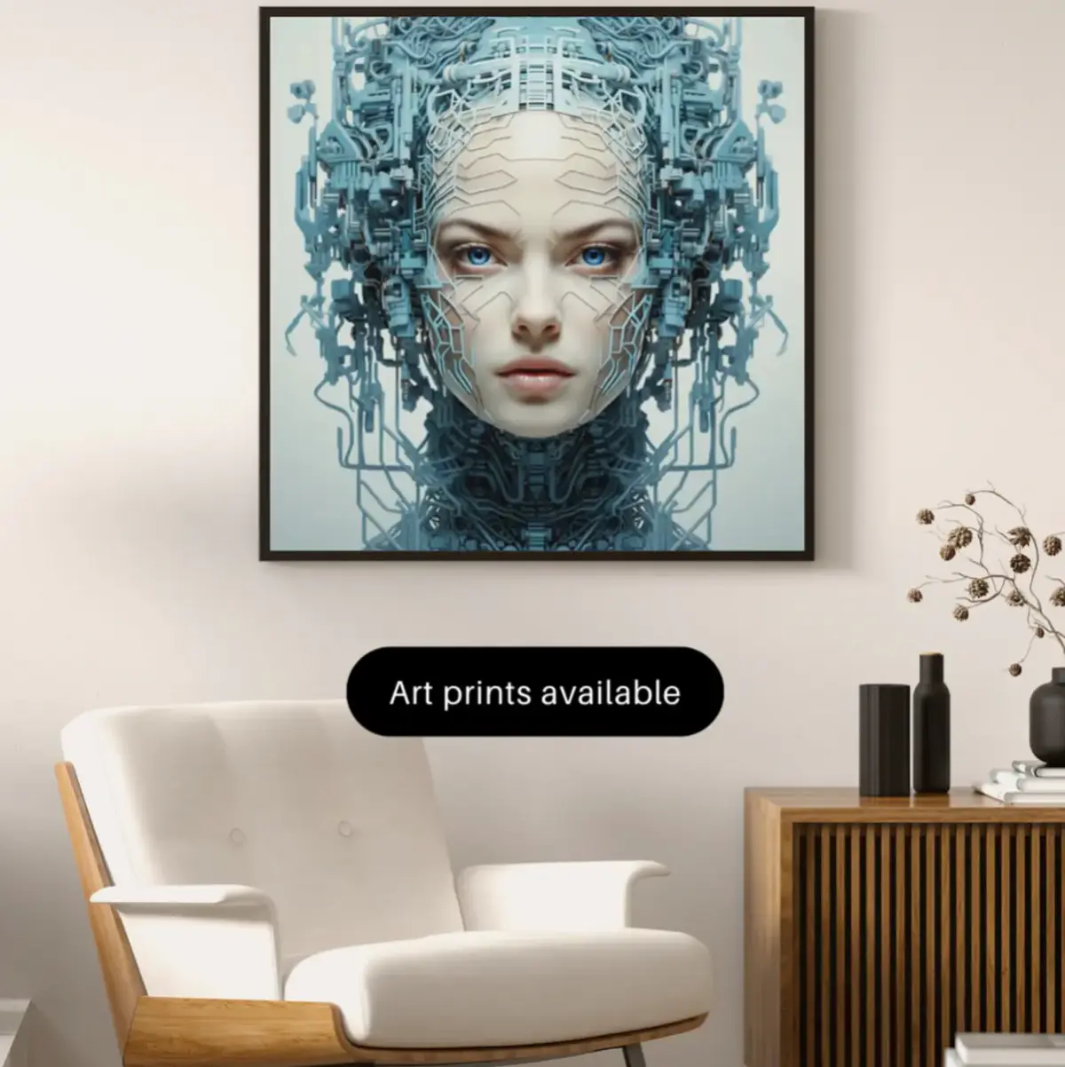 Close-up view of the Cyber Goddess digital art print showing an ultra-detailed hyper-realistic female face overlaid with intricate geometric circuit lines and surrounded by an elaborate pale blue mechanical framework of tubes, gears, and lattice structures. The cool icy blue and white tonal palette evokes a futuristic, otherworldly serenity. Color: Ice Blue and White