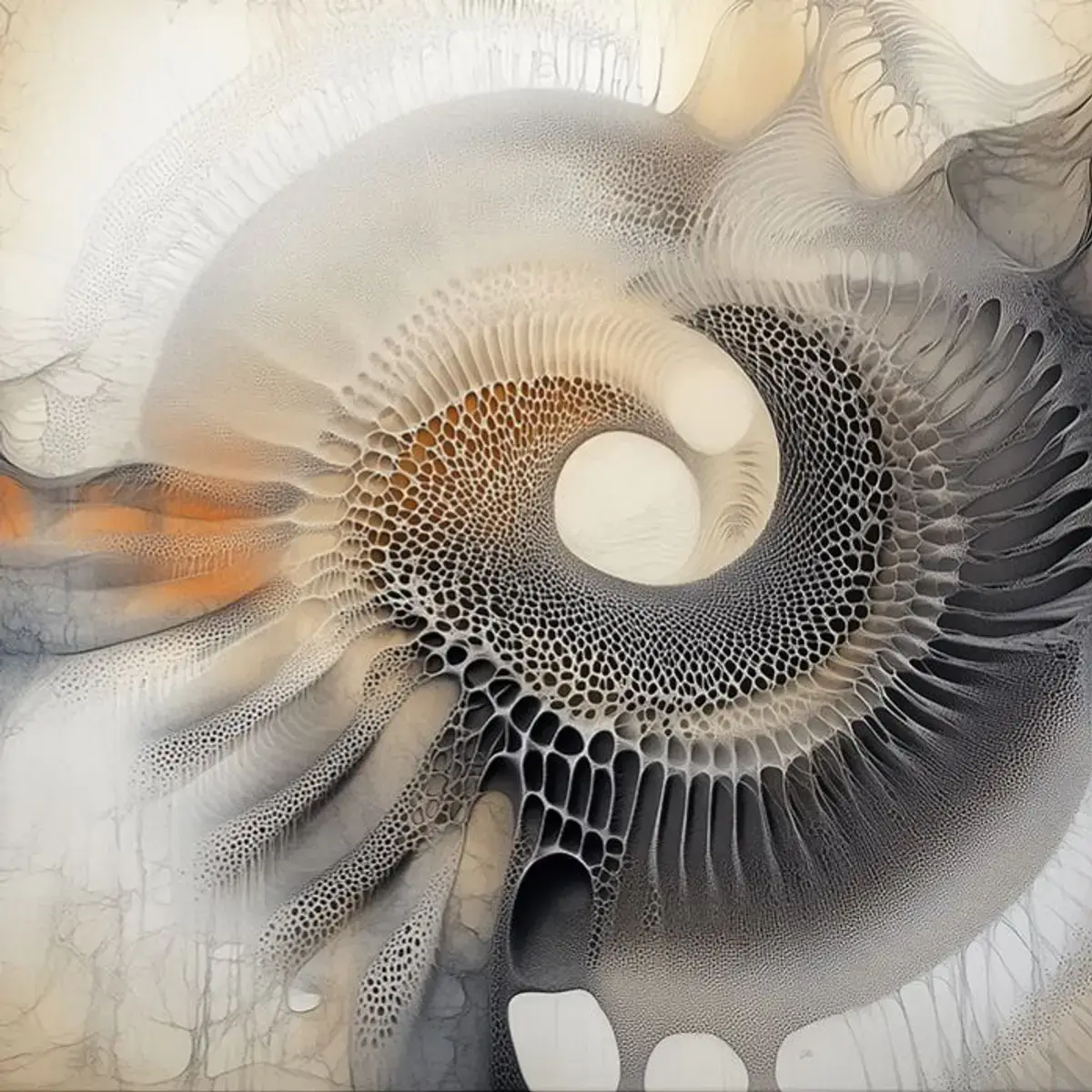 Close-up of an intricate abstract spiral artwork featuring a hypnotic vortex of cellular honeycomb textures in charcoal grey, warm ivory, and burnt amber tones. The composition evokes organic natural structures such as nautilus shells and coral, rendered with extraordinary artisan-level detail against a soft off-white background. Color: Charcoal Grey, Ivory, Burnt Amber