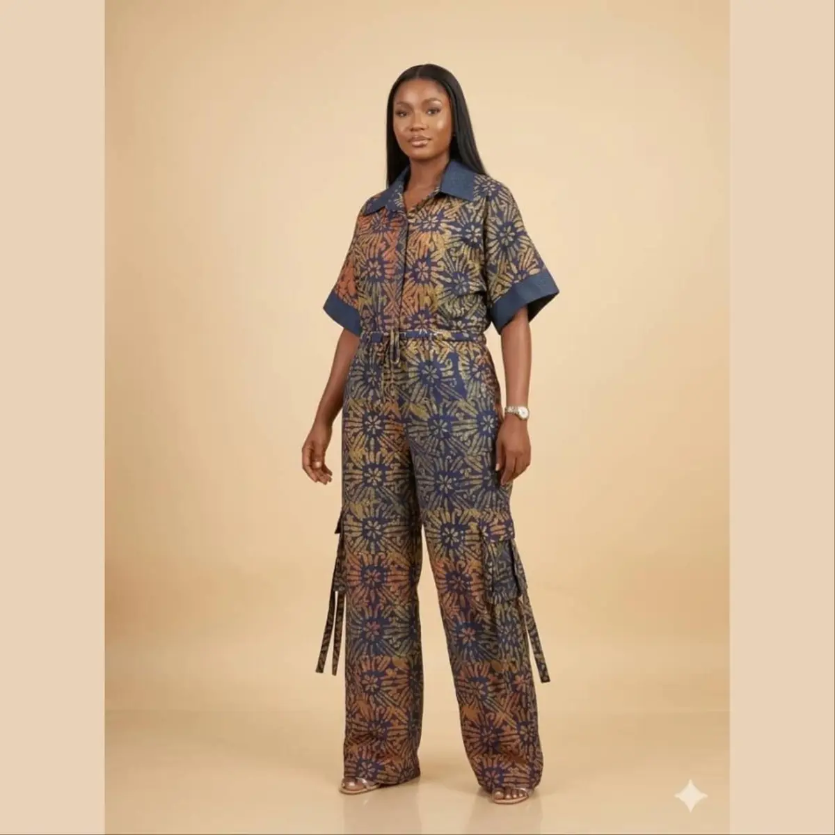 Full-length front view of a woman wearing a handcrafted Adire batik co-ord set featuring deep navy blue, warm amber, and earthy golden-brown sunburst medallion patterns. The relaxed short-sleeve shirt has a contrasting solid denim collar and cuffs, paired with wide-leg cargo pants with decorative tie straps. Color: Navy Blue, Amber, and Golden Brown