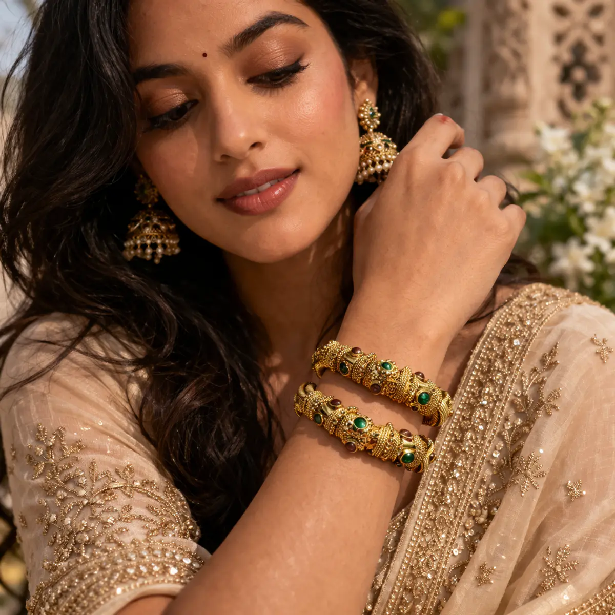 A woman wearing a pair of handcrafted gold-tone filigree bangles stacked on her wrist, styled with a cream embroidered saree and matching jhumka earrings. The bangles feature hand-embossed rope detailing and vivid green and deep red gemstone cabochons set in ornate gold-tone cartouches. Color: Antique Gold with Emerald Green and Ruby Red Gemstones