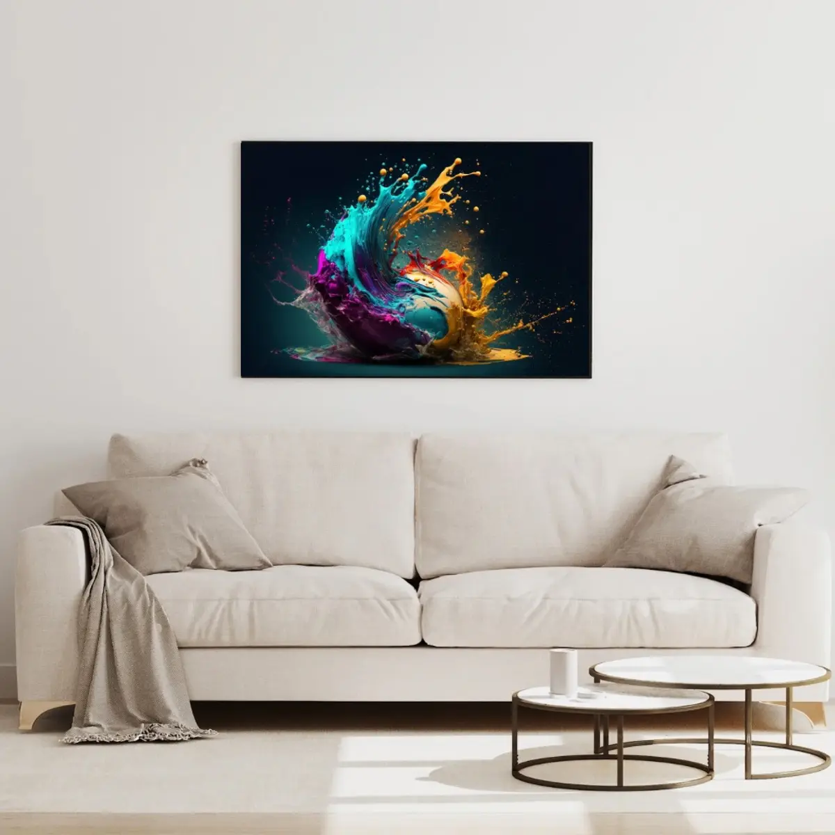 A large canvas print of an explosive abstract fluid art composition displayed above a cream sofa in a bright modern living room. Vivid swirling splashes of teal, golden amber, deep purple, and magenta collide dynamically against a deep dark teal background. Color: Teal, Gold, Purple, Magenta